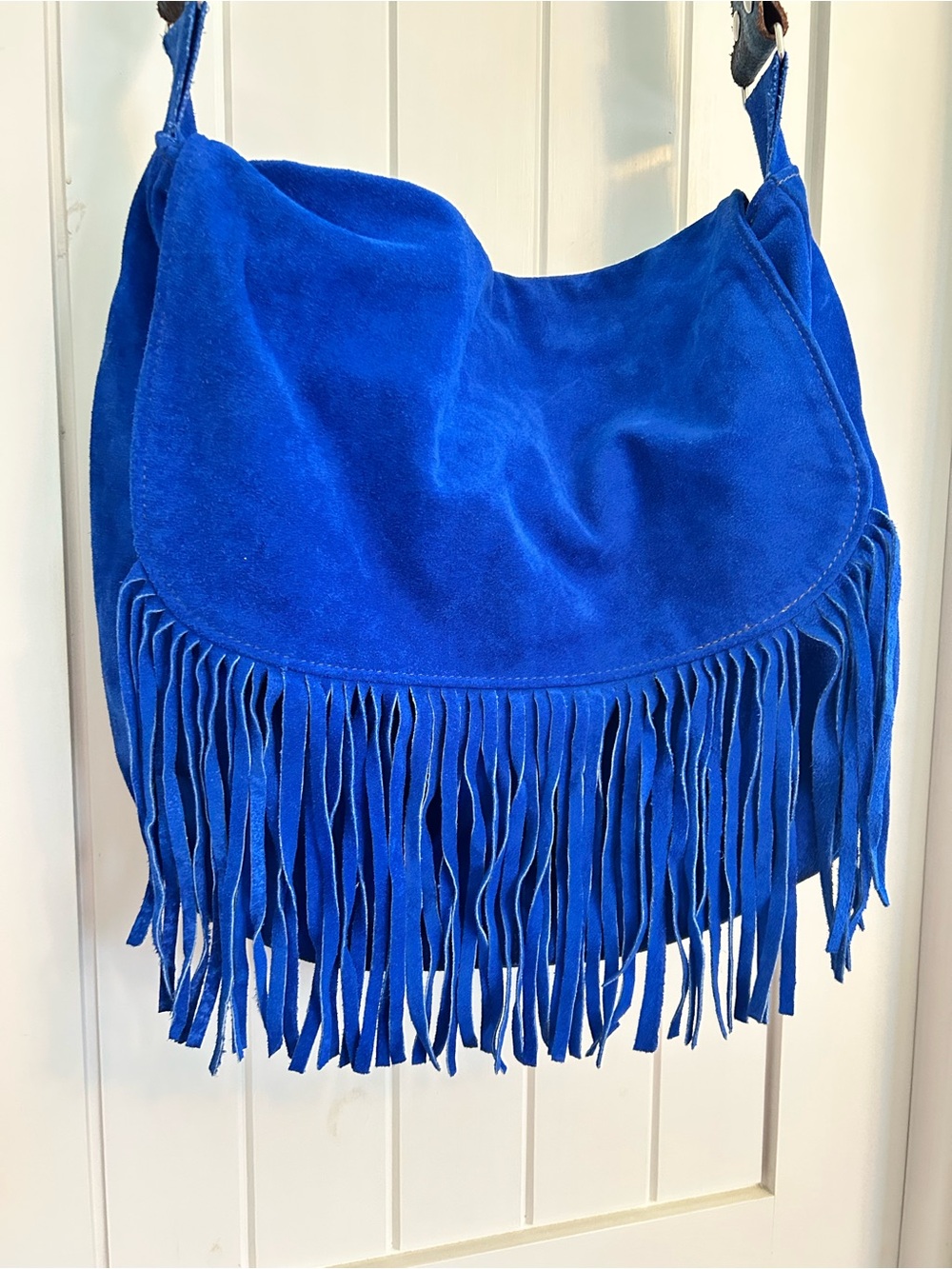 Katie Kalsi Cobalt Blue Suede Fringe Priscilla Victory Hobo Shoulder Bag - Picture 3 of 13
